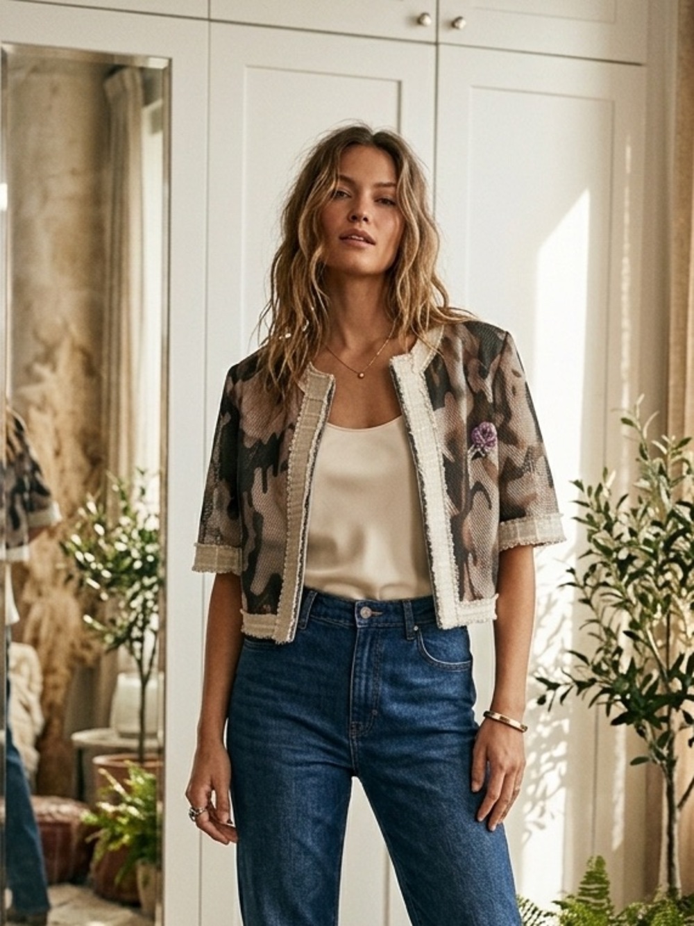 Angela Mele Milano Italian Floral Tweed Cropped Jacket 44/M